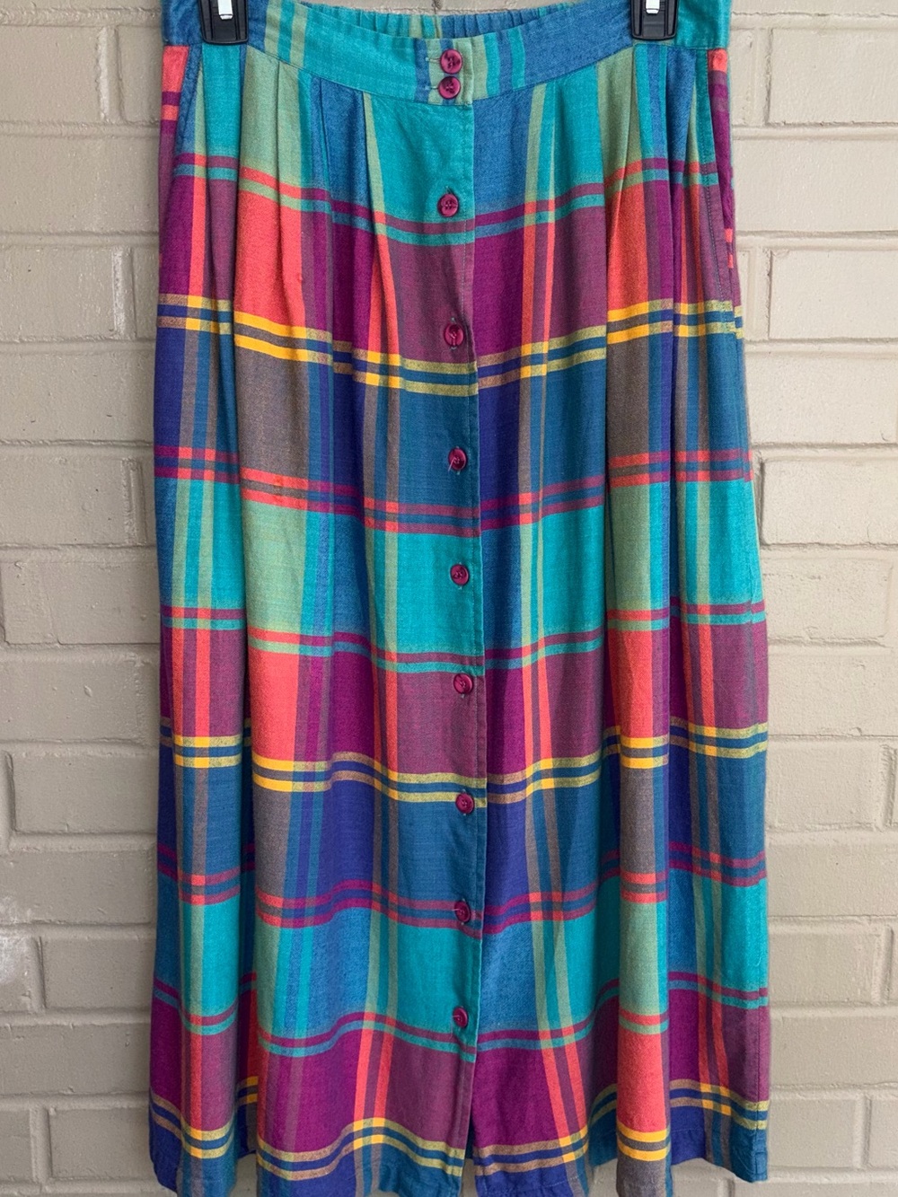 Vtg New Mints Colorful Woven Madras Plaid Pleated Full Midi Skirt Size Large